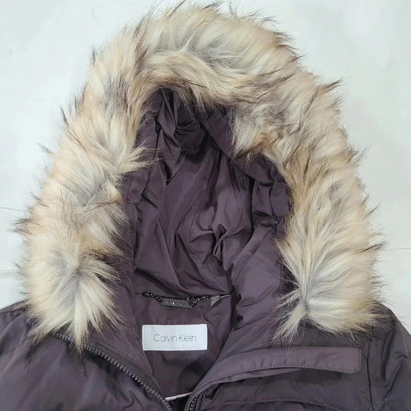 New Calvin Klein Women’s Small Faux fur Long puffer jacket hooded coat Gray - Picture 10 of 15